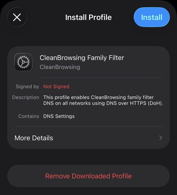 Install Profile mit Installieren oben rechts